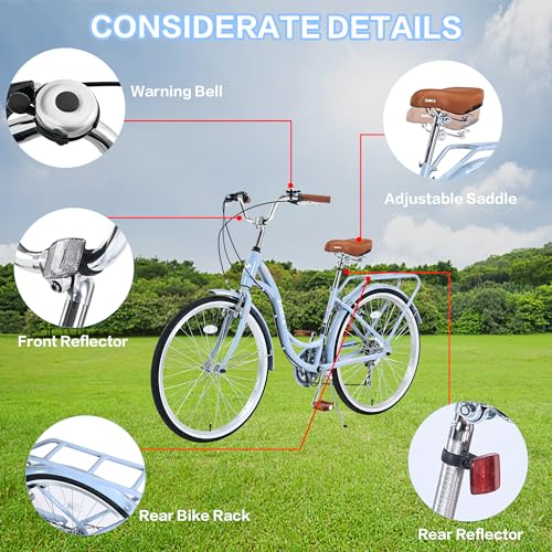 26 Inch Beach Cruiser Bike with 7 Speed, Adjustable Seat, Anti-Skid Tires, Front and Rear V-Brakes K797060