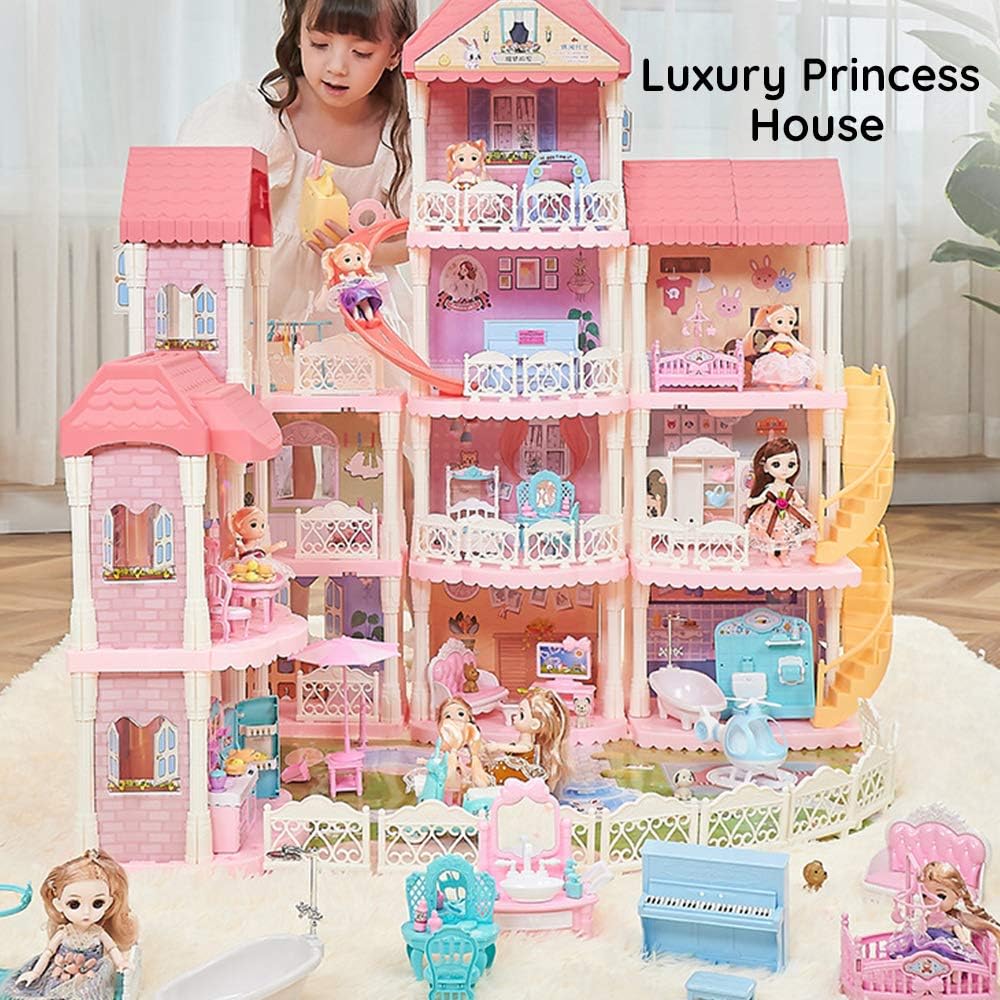 Dollhouse with Furniture Accessories 15 Rooms Pink Pretend Play Doll House Toy Playset M4509