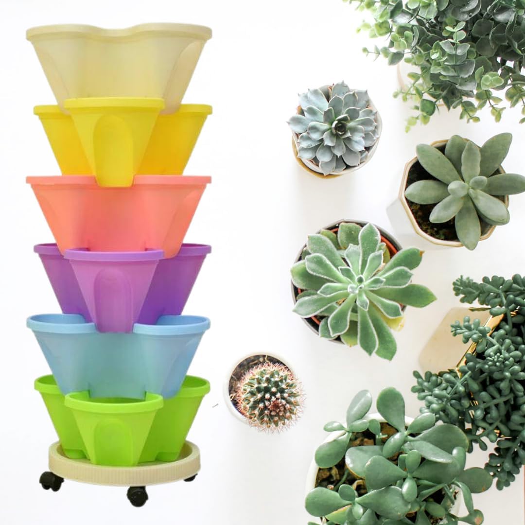 Vertical Garden Stackable Planter 3 Pots with Wheels and Plant Labels O6344
