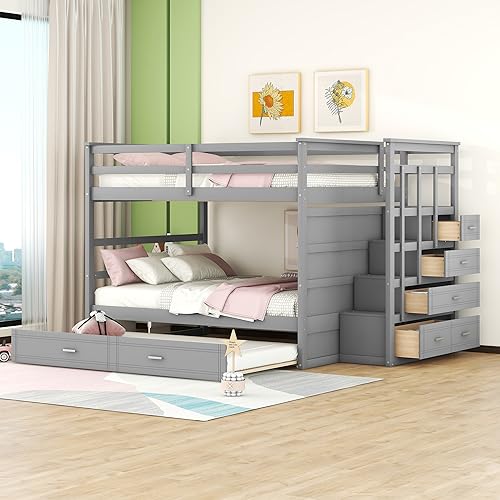 Twin Over Twin Bunk Bed with Stairs and Trundle White N38606