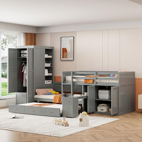 White Twin Over Twin Wood Bunk Bed with Trundle V8453