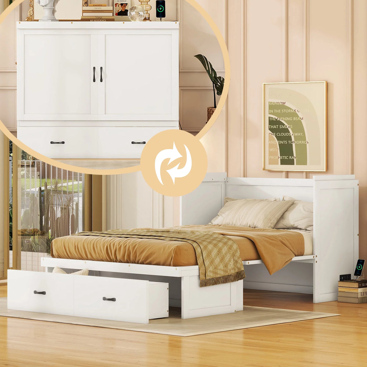 Full Size White Murphy Bed with USB Port and 2 Storage Drawers L4287