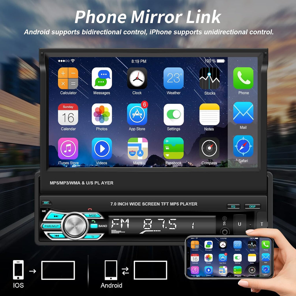 Single Din Car Stereo with Carplay Android Auto 7 Inch Touch Screen F33366
