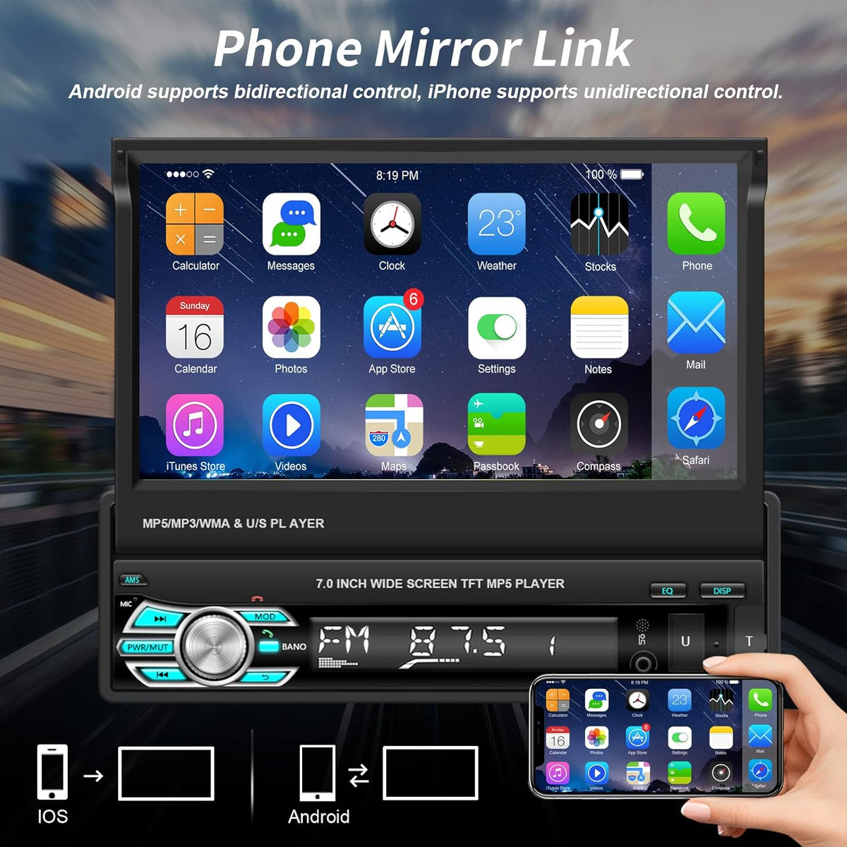 Single Din Car Stereo with Carplay Android Auto 7 Inch Touch Screen F33366