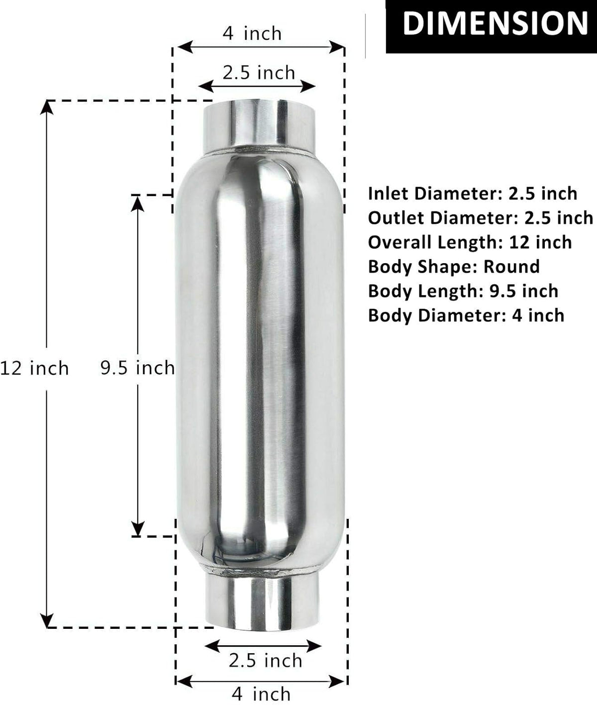 2.5 Inch Inlet 2.5 Inch Outlet Stainless Steel Weld-on Exhaust Muffler, Pair, 12 Overall Length U5682