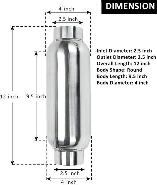 2.5 Inch Inlet 2.5 Inch Outlet Stainless Steel Weld-on Exhaust Muffler, Pair, 12 Overall Length U5682