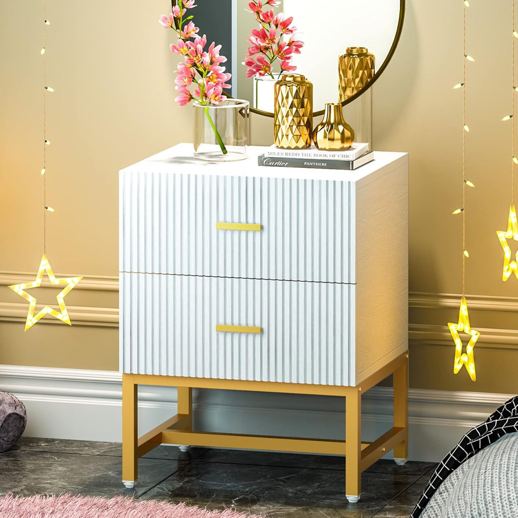 White 2-Drawer Nightstand with Storage Cabinet Metal Frame D266545