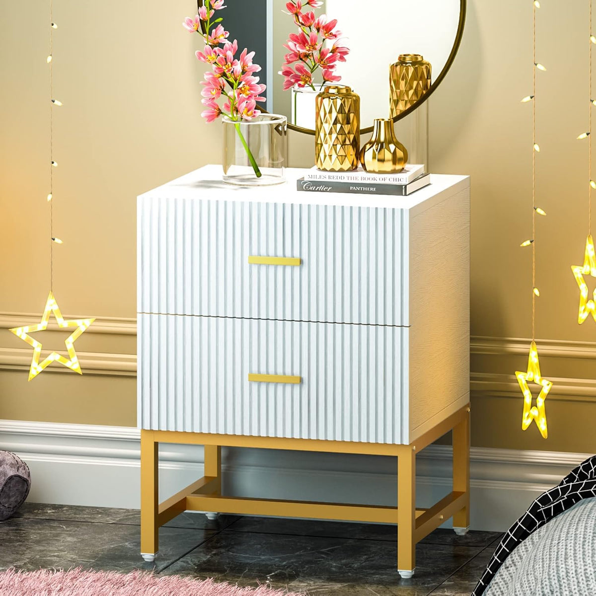 White 2-Drawer Nightstand with Storage Cabinet Metal Frame D266545