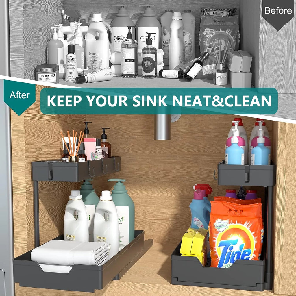 2 Tier L-Shape Under Sink Organizer with Hooks R915