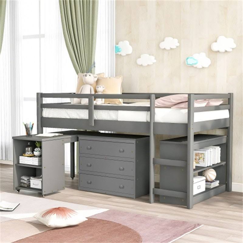 Gray Twin Size Wooden Loft Bed with Rolling Desk and Cabinet I300