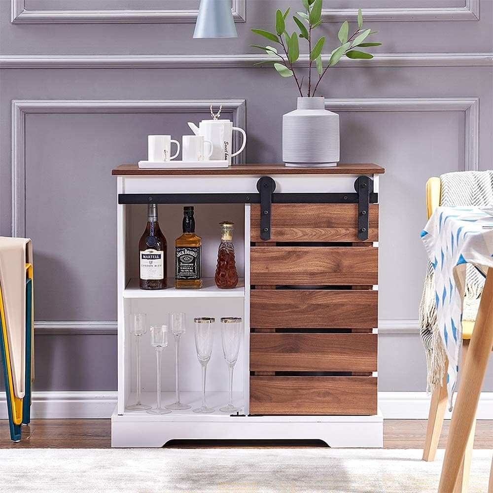 Barn Door Storage Cabinet Wooden with Shelves Freestanding Unit H328871