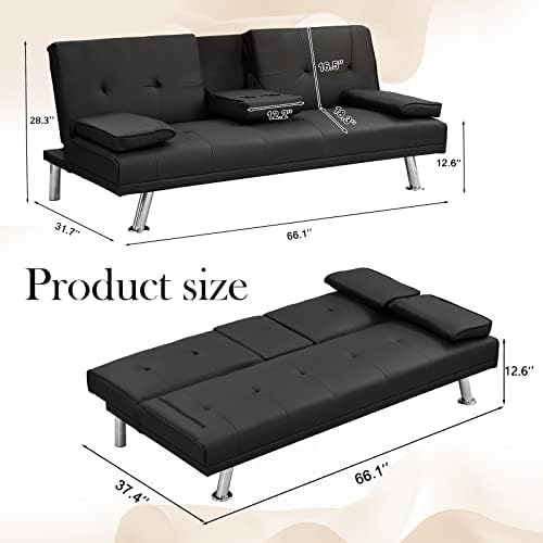 Black Leather Futon Sofa Bed with 2 Cup Holders P99858