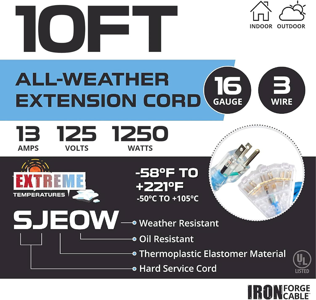 100 Ft All Weather Extension Cord with 3 Electrical Power Outlets, 16/3 SJEOW Lighted Outdoor Cable J78288