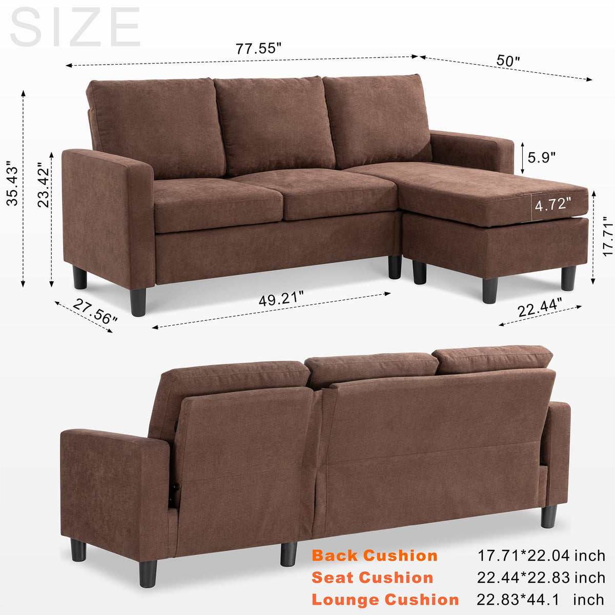 Brown L-Shaped Linen Fabric Sectional Sofa H270