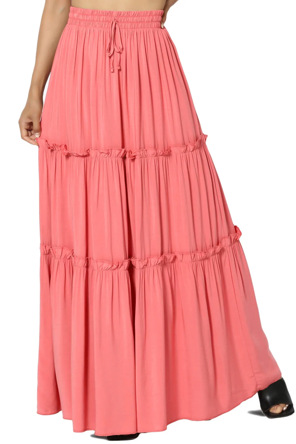 Ruffle Tiered Drawstring High Rise A-Line Maxi Skirt A8228