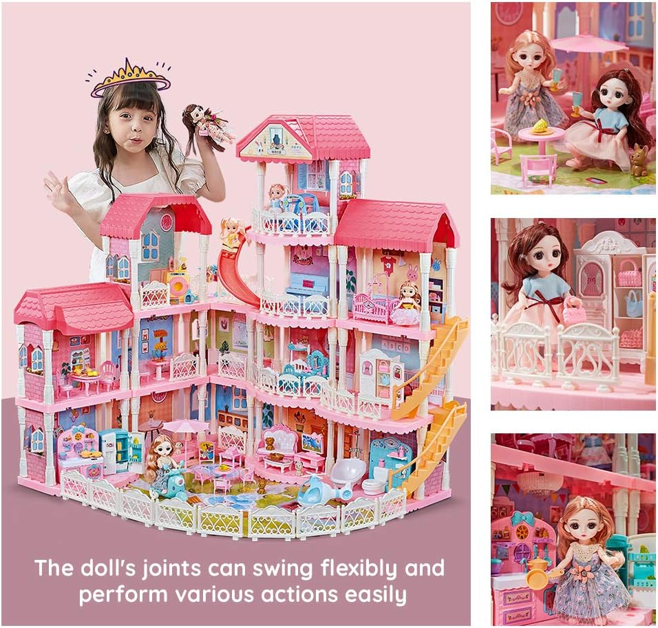 Dollhouse with Furniture Accessories 15 Rooms Pink Pretend Play Doll House Toy Playset M4509