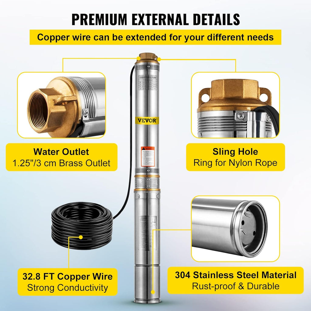1 HP 33GPM 207ft Head Submersible Stainless Steel Well Pump T3128