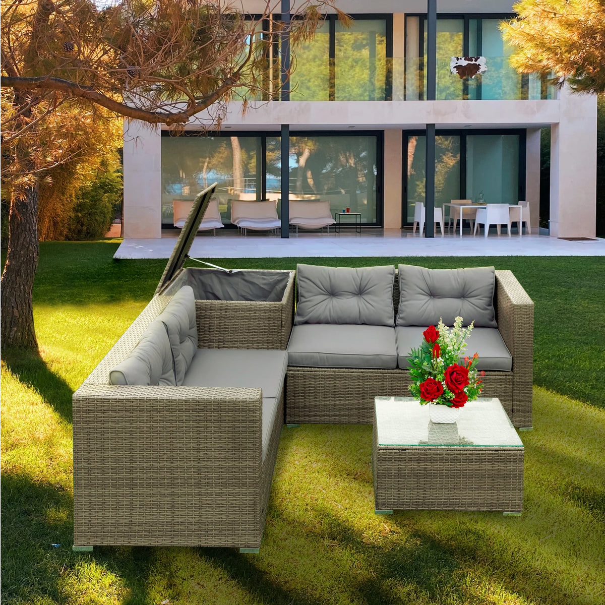 Grey 4 Piece Patio Sectional Sofa Set with Storage Box D2368