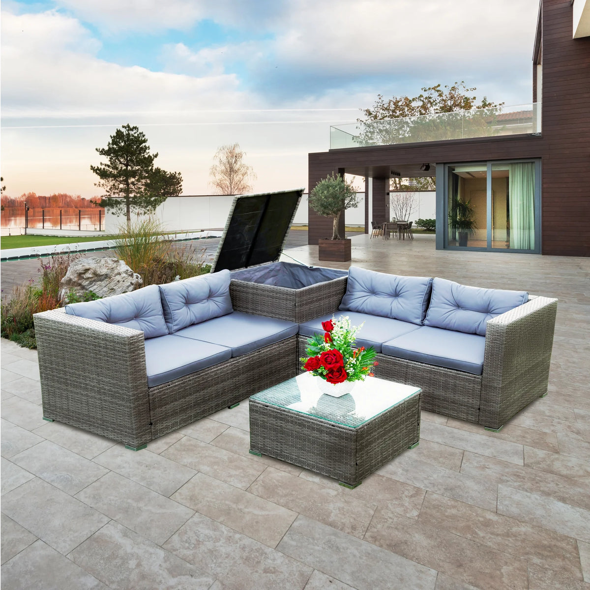 Grey 4 Piece Patio Sectional Sofa Set with Storage Box D2368
