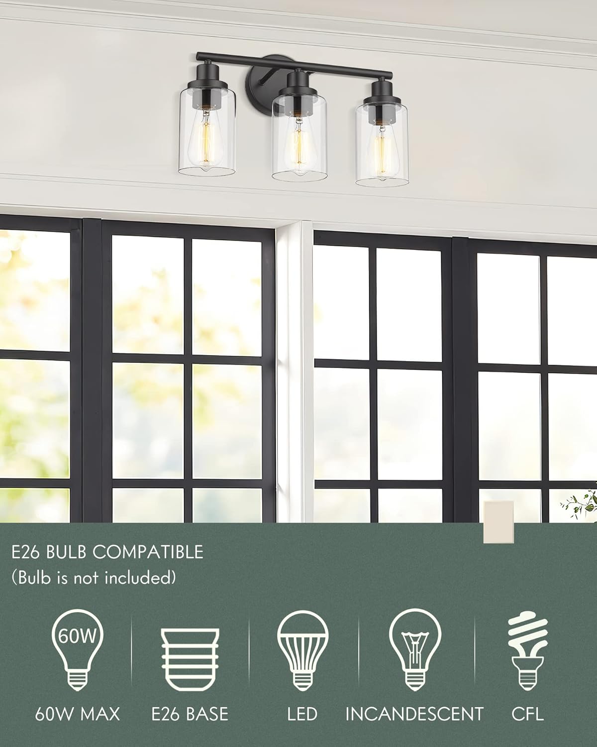 2-Light Matte Black Vanity Light with Clear Glass Lampshade L263023
