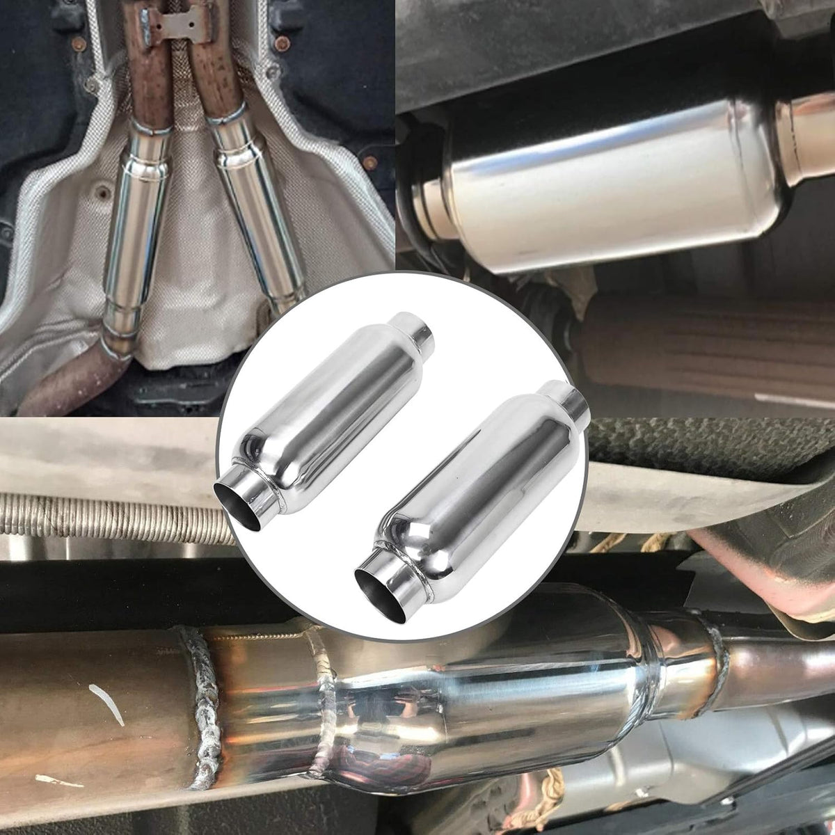 2.5 Inch Inlet 2.5 Inch Outlet Stainless Steel Weld-on Exhaust Muffler, Pair, 12 Overall Length U5682