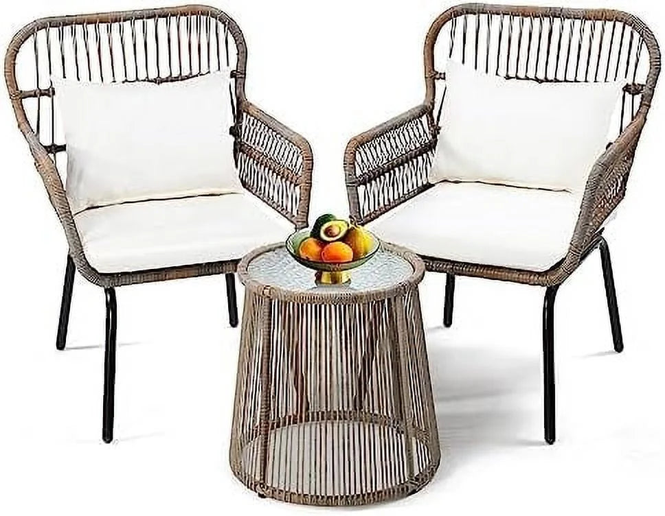 3 Pieces Rattan Wicker Bistro Set with Glass Top Table O7668