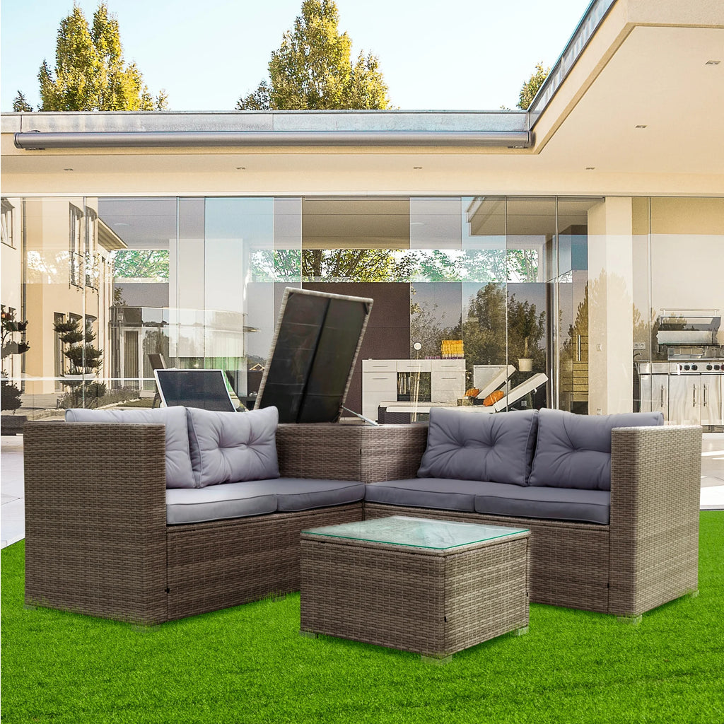 Grey 4 Piece Patio Sectional Sofa Set with Storage Box D2368