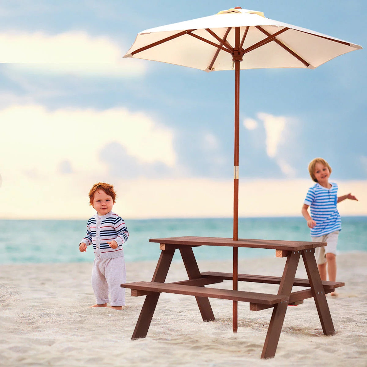 Children Outdoor 4 Seat Kids Picnic Table Bench with Folding Umbrella T968