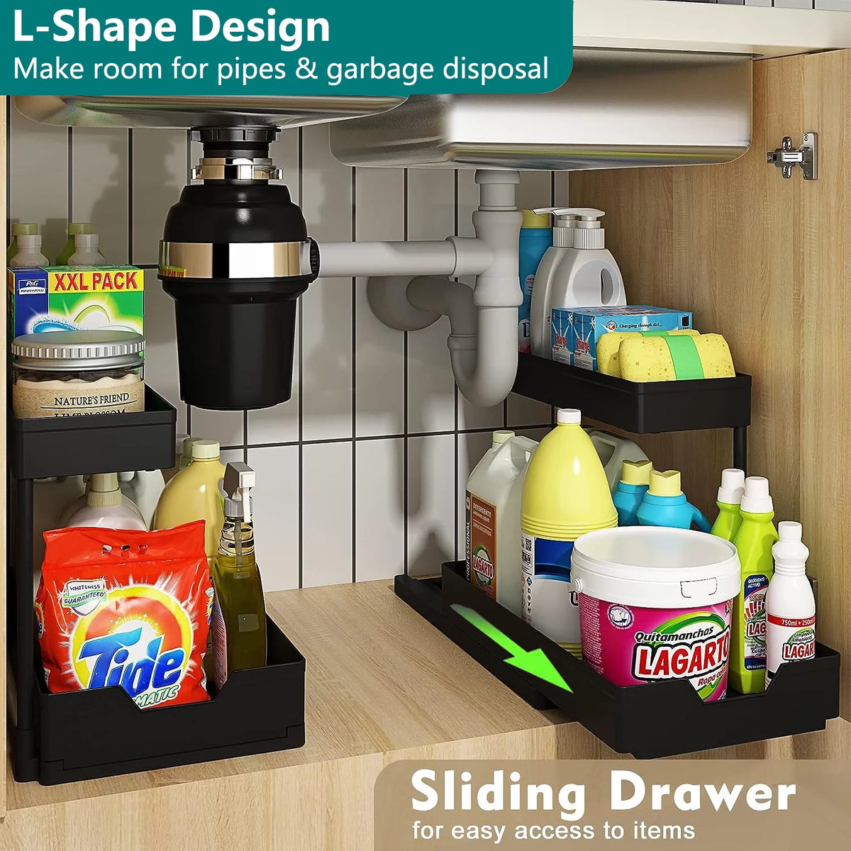 2 Tier L-Shape Under Sink Organizer with Hooks R915
