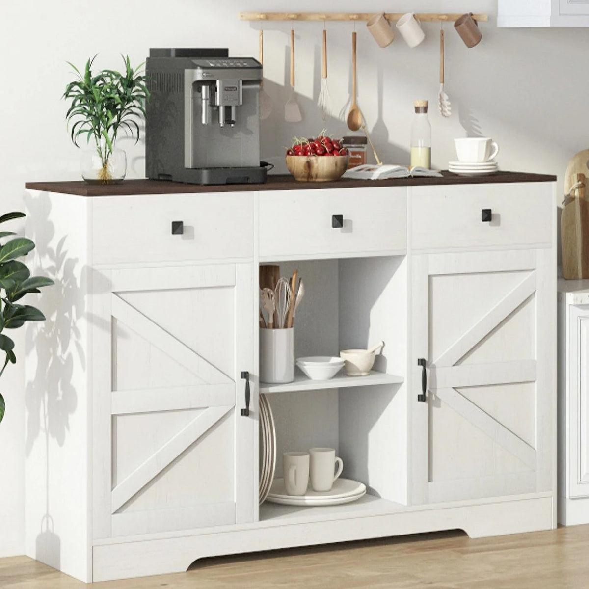 White 53" Wood Coffee Bar Cabinet with 3 Drawers C1790