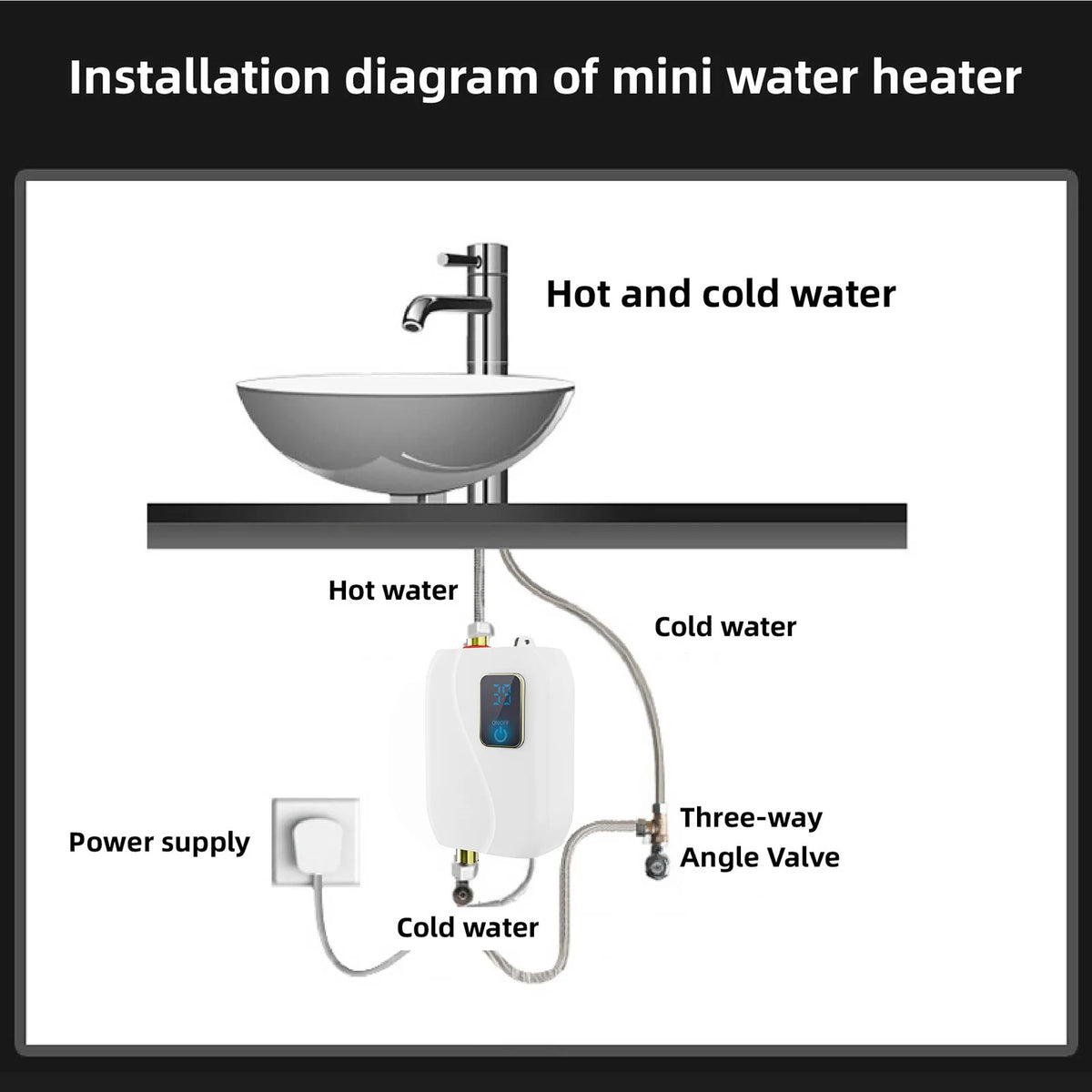 Instant Water Heater 3000W Electric Tankless with LCD Display T5848