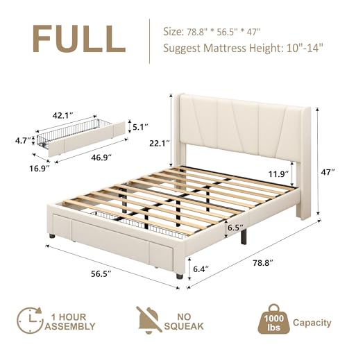 Beige Queen Upholstered Platform Bed Frame with Storage Drawers C5263