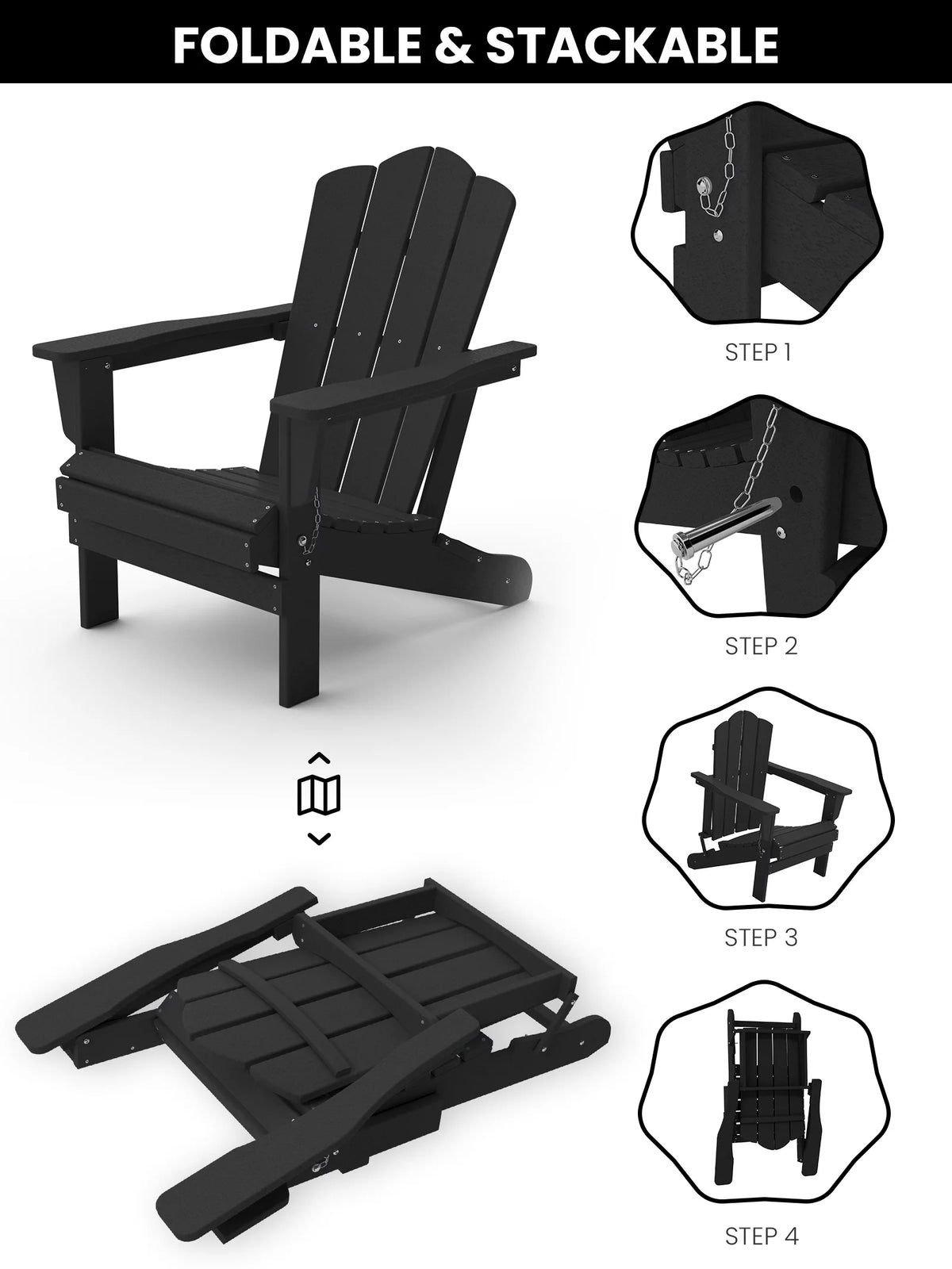 Black HDPE Folding Adirondack Chair Y850396
