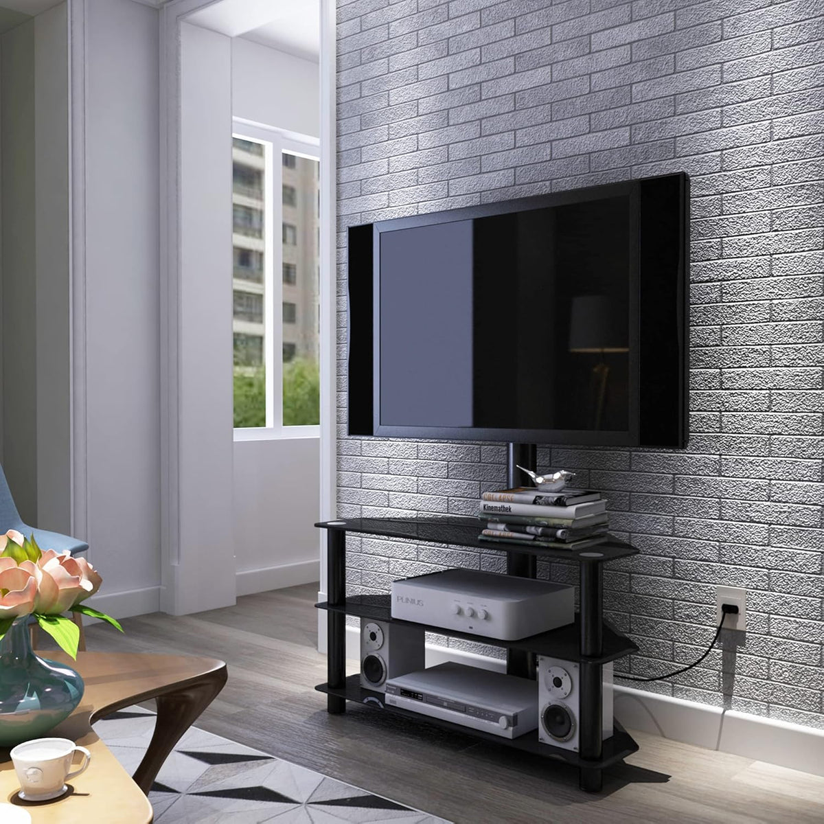 Swivel Floor TV Stand with Tempered Glass Shelf, Black E547