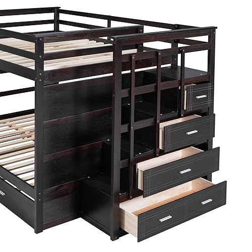 Twin Over Twin Bunk Bed with Stairs and Trundle White N38606