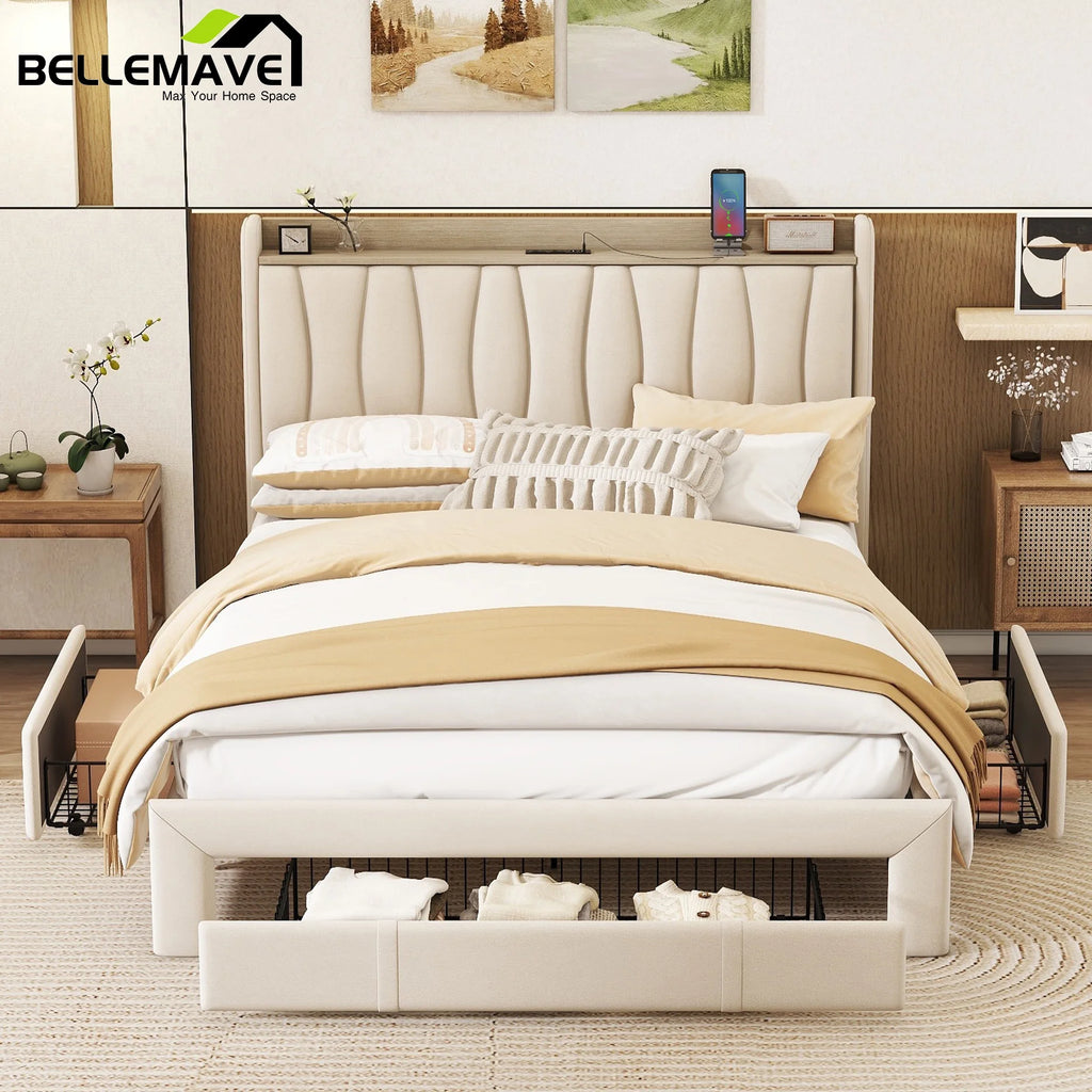 Queen Size Upholstered Platform Bed Frame with 3 Drawers C658887