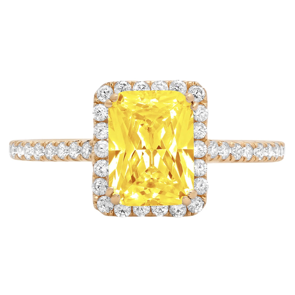 18k Yellow Gold Halo Ring with 1.96ct Emerald Cut Yellow Simulated Diamond E157051