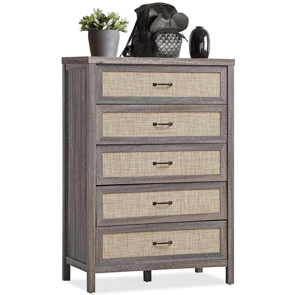 Brown 5 Drawer Rattan Wood Dresser Y9448