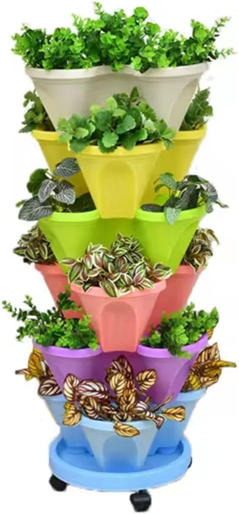 Vertical Garden Stackable Planter 3 Pots with Wheels and Plant Labels O6344