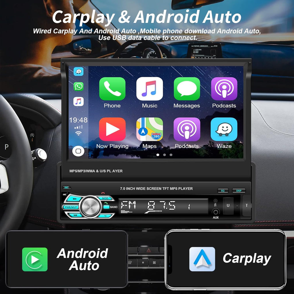 Single Din Car Stereo with Carplay Android Auto 7 Inch Touch Screen F33366
