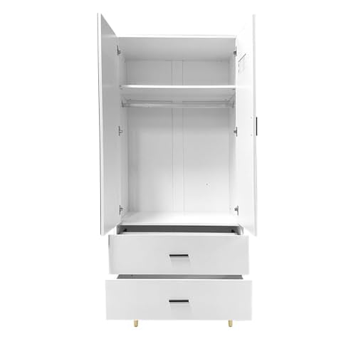 White 2 Door Armoire Wardrobe with Hanging Rod, 2 Drawers, Mirror and Shelves Y6562