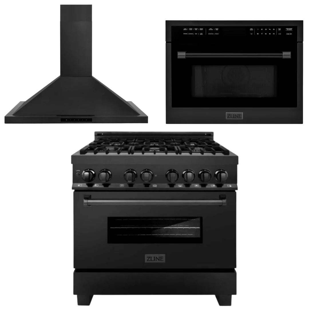 36 in. Dual Fuel Range, Range Hood, Microwave Oven in Black Stainless Steel D7940