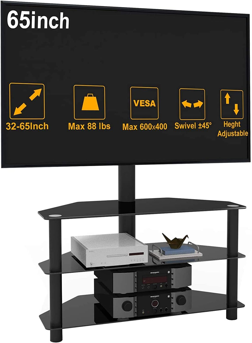 Swivel Floor TV Stand with Tempered Glass Shelf, Black E547