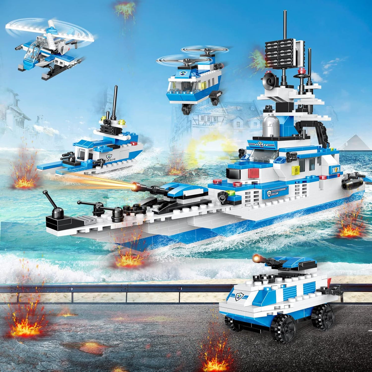 Police Ship Building Blocks Toy Kit with Army Car, Helicopter, Airplane, Warship W924953
