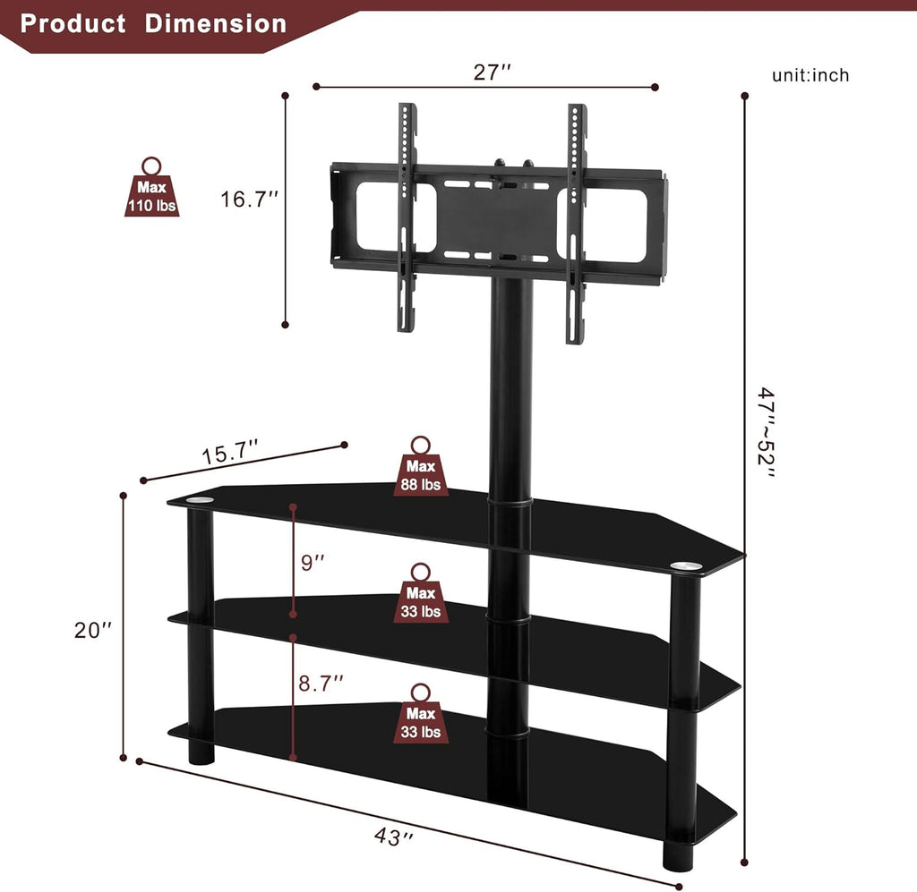 Swivel Floor TV Stand with Tempered Glass Shelf, Black E547