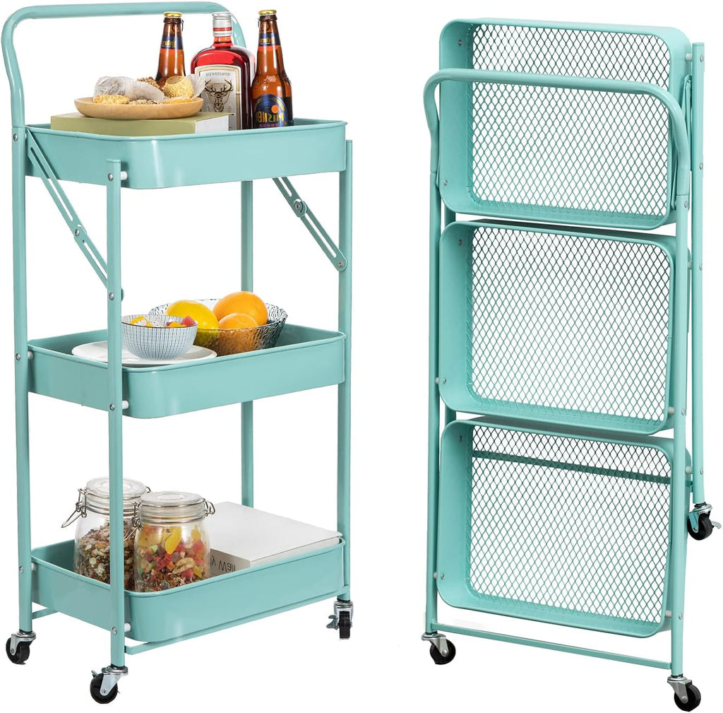 3-Tier Foldable Metal Utility Rolling Cart with Handle and Wheels A277