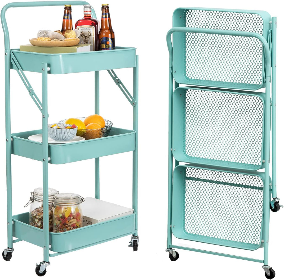 3-Tier Foldable Metal Utility Rolling Cart with Handle and Wheels A277