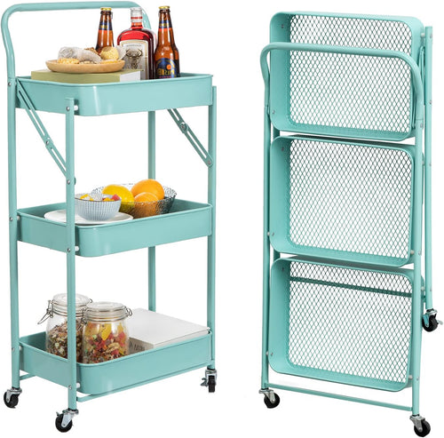 3-Tier Foldable Metal Utility Rolling Cart with Handle and Wheels A277