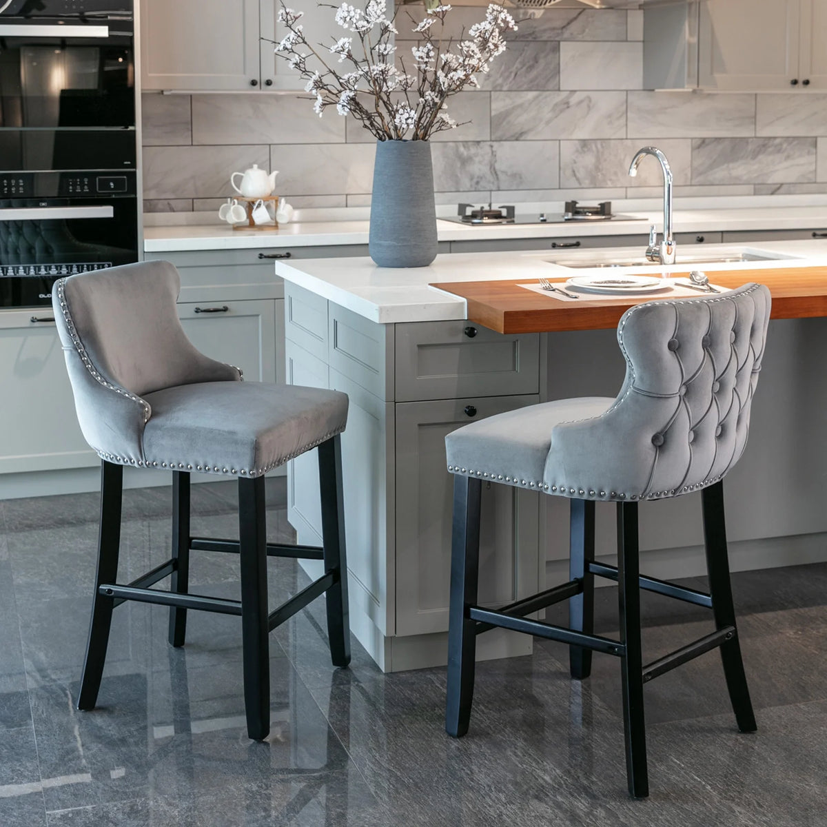 Velvet Wing-Back Upholstered Bar Stools Set of 2 with Solid Wood Legs A88025