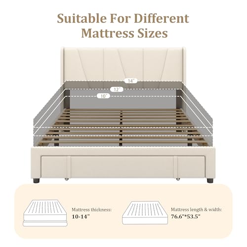 Beige Queen Upholstered Platform Bed Frame with Storage Drawers C5263